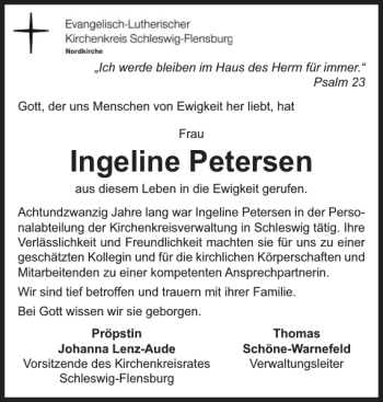 Traueranzeige von Ingeline Petersen von Schleswiger Nachrichten