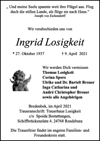 Traueranzeige von Ingrid Losigkeit von Landeszeitung