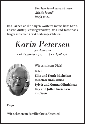 Traueranzeige von Karin Petersen von Nordfriesland Tageblatt