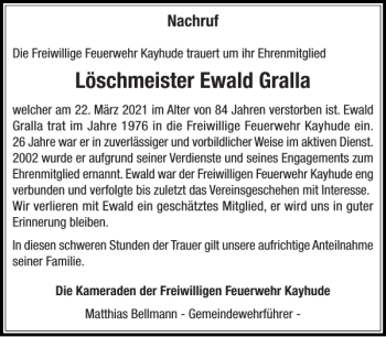 Traueranzeige von Löschmeister Ewald Gralla von Stormarner Tageblatt