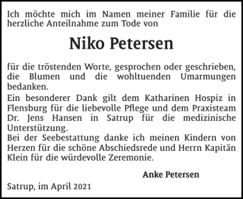 Traueranzeige von Niko Petersen von Flensburger Tageblatt