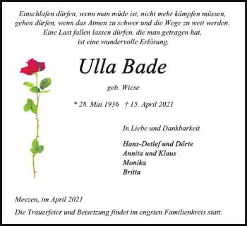 Traueranzeige von Ulla Bade geb. Wiese von Landeszeitung