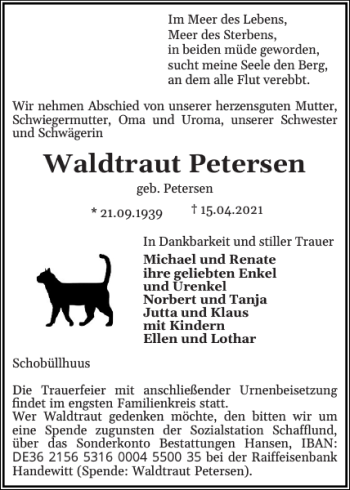 Traueranzeige von Waldtraut Petersen von Flensburger Tageblatt