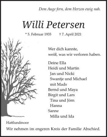 Traueranzeige von Willi Petersen von Flensburger Tageblatt