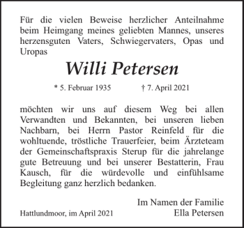 Traueranzeige von Willi Petersen von Flensburger Tageblatt