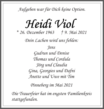 Traueranzeige von Aufgeben für Option von Pinneberger Tageblatt