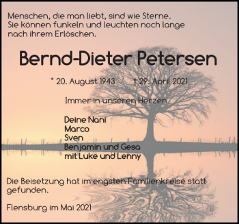 Traueranzeige von Bernd-Dieter Petersen von Flensburger Tageblatt