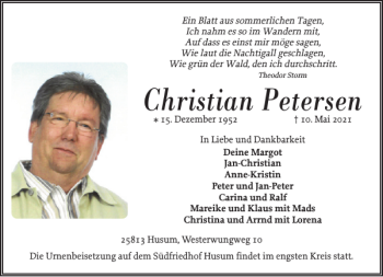 Traueranzeige von Christian Petersen von Husumer Nachrichten