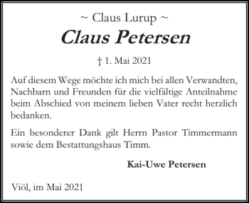 Traueranzeige von Claus Petersen von Husumer Nachrichten