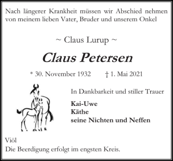 Traueranzeige von Claus Petersen von Husumer Nachrichten