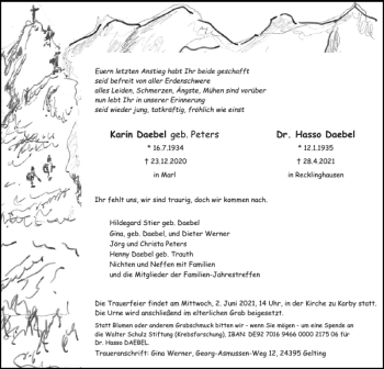 Traueranzeige von Dr. Hasso Daebel geb. Peters von Schlei-Bote