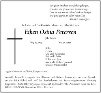 Traueranzeige von Eiken Osina Petersen von Der Insel-Bote