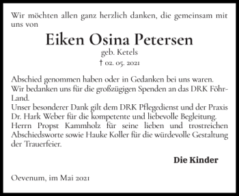Traueranzeige von Eiken Osina Petersen von Der Insel-Bote