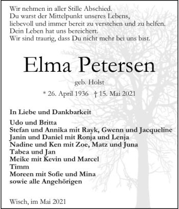 Traueranzeige von Elma Petersen von Husumer Nachrichten
