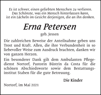 Traueranzeige von Erna Petersen von Landeszeitung