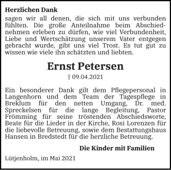 Traueranzeige von Ernst Petersen von Husumer Nachrichten