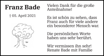 Traueranzeige von Franz Bade von Uetersener Nachrichten