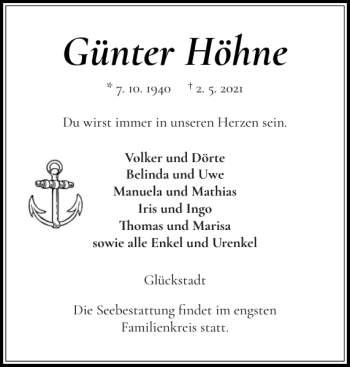 Traueranzeige von Günter Höhne von Norddeutsche Rundschau