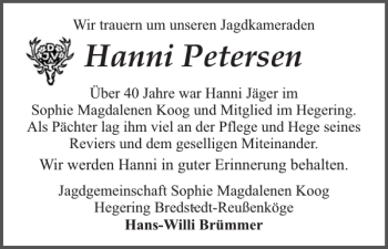 Traueranzeige von Hanni Petersen von Husumer Nachrichten