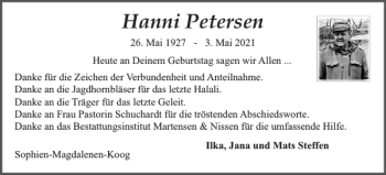 Traueranzeige von Hanni Petersen von Husumer Nachrichten