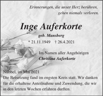 Traueranzeige von Inge Auferkorte von Landeszeitung