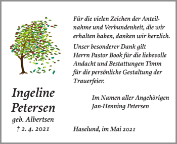 Traueranzeige von Ingeline Petersen von Flensburger Tageblatt