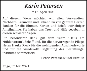Traueranzeige von Karin Petersen von Nordfriesland Tageblatt
