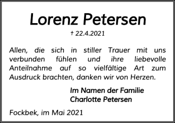 Traueranzeige von Lorenz Petersen von Landeszeitung