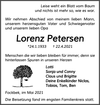 Traueranzeige von Lorenz Petersen von Landeszeitung