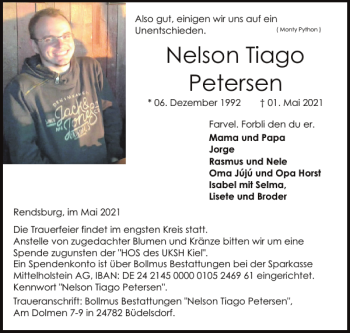 Traueranzeige von Nelson Tiago Petersen von Landeszeitung