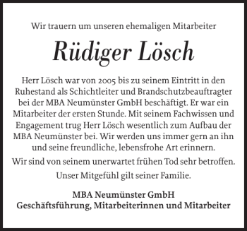 Traueranzeige von Rüdiger Lösch von Holsteinischer Courier