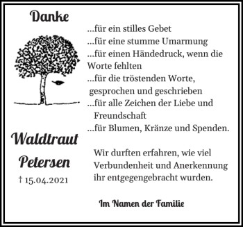 Traueranzeige von Waldtraut Petersen von Flensburger Tageblatt
