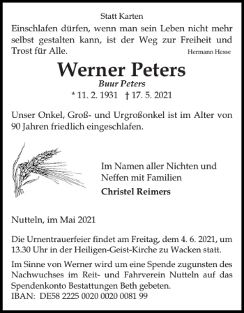 Traueranzeige von Werner Peters von Norddeutsche Rundschau