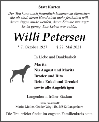 Traueranzeige von Willi Petersen von Husumer Nachrichten