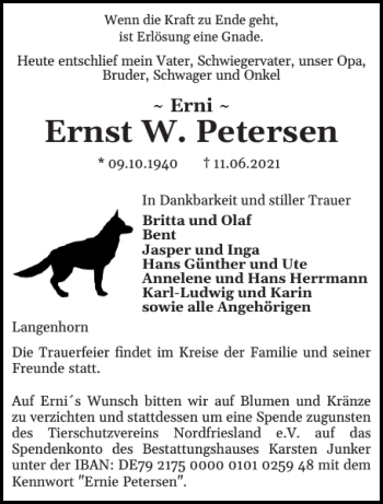Traueranzeige von Ernst W. Petersen von Husumer Nachrichten
