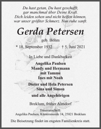 Traueranzeige von Gerda Petersen von Husumer Nachrichten