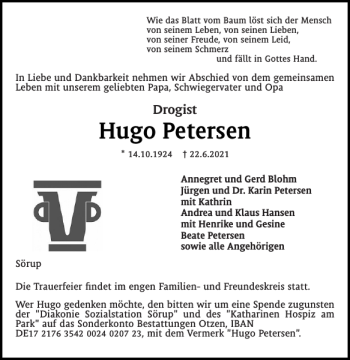 Traueranzeige von Hugo Petersen von Flensburger Tageblatt