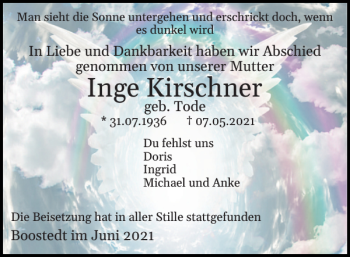 Traueranzeige von Inge Kirschner von Holsteinischer Courier