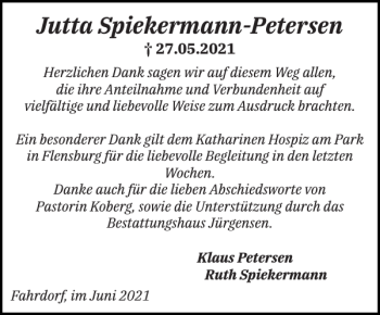 Traueranzeige von Jutta Spiekermann-Petersen von Schleswiger Nachrichten