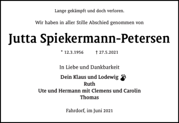 Traueranzeige von Jutta Spiekermann-Petersen von Schleswiger Nachrichten