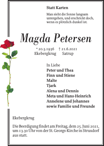 Traueranzeige von Magda Petersen von Schleswiger Nachrichten