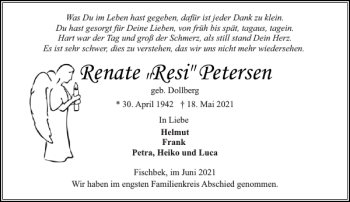 Traueranzeige von Renate Resi Petersen von Stormarner Tageblatt