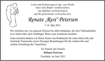 Traueranzeige von Renate Resi Petersen von Stormarner Tageblatt