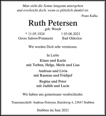 Traueranzeige von Ruth Petersen von Stormarner Tageblatt