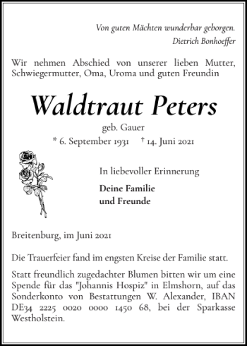 Traueranzeige von Waldtraut Peters von Norddeutsche Rundschau