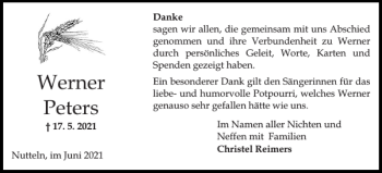 Traueranzeige von Werner Peters von Norddeutsche Rundschau