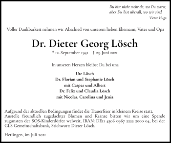 Traueranzeige von Dr. Dieter Georg Lösch von Wedel-Schulauer Tageblatt