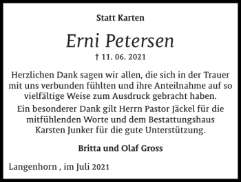 Traueranzeige von Erni Petersen von Husumer Nachrichten