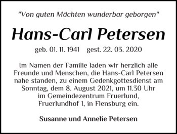 Traueranzeige von Hans-Carl Petersen von Flensburger Tageblatt