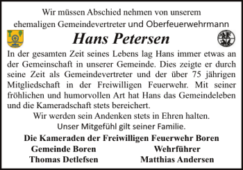 Traueranzeige von Hans Petersen von Schleswiger Nachrichten